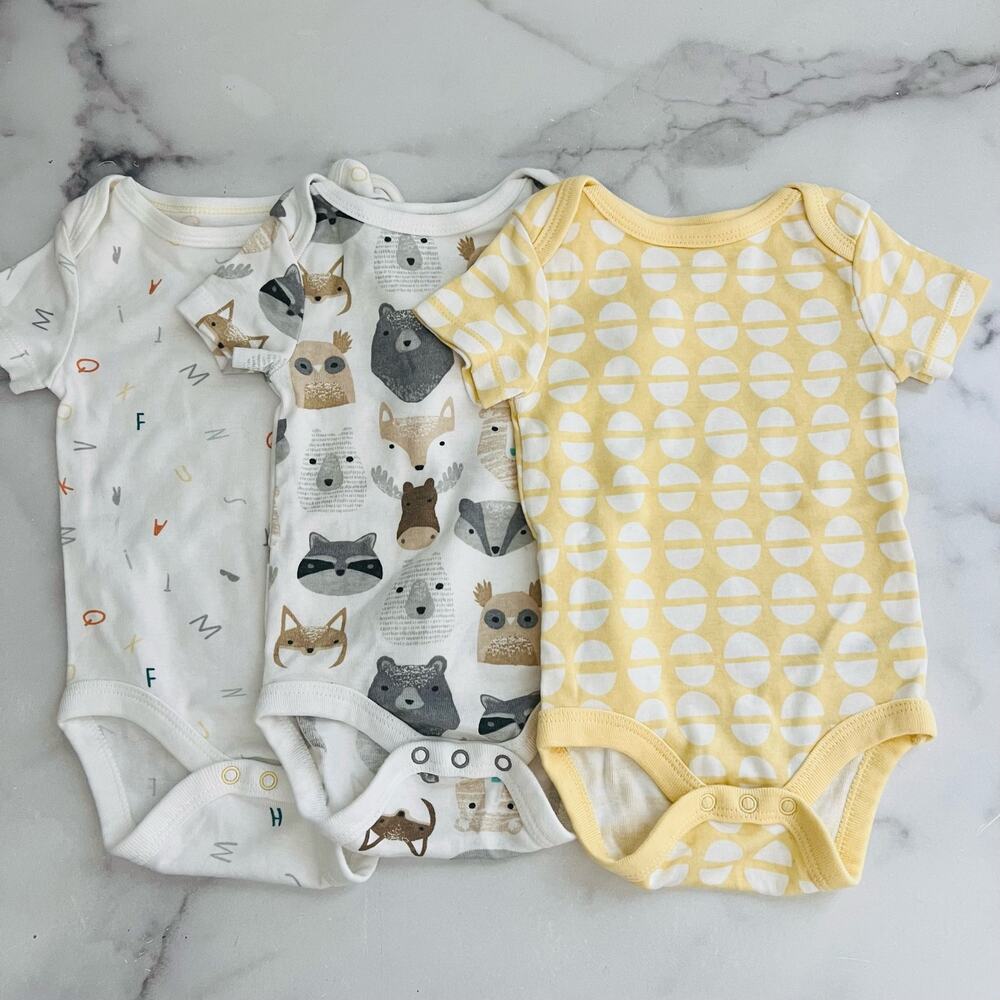 3x Cloud Island short sleeve onesies animal critter alphabet letters yellow geo